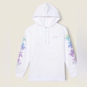 Victoria's Secret Palm Shine White Hoodie w/ lilac lettering.